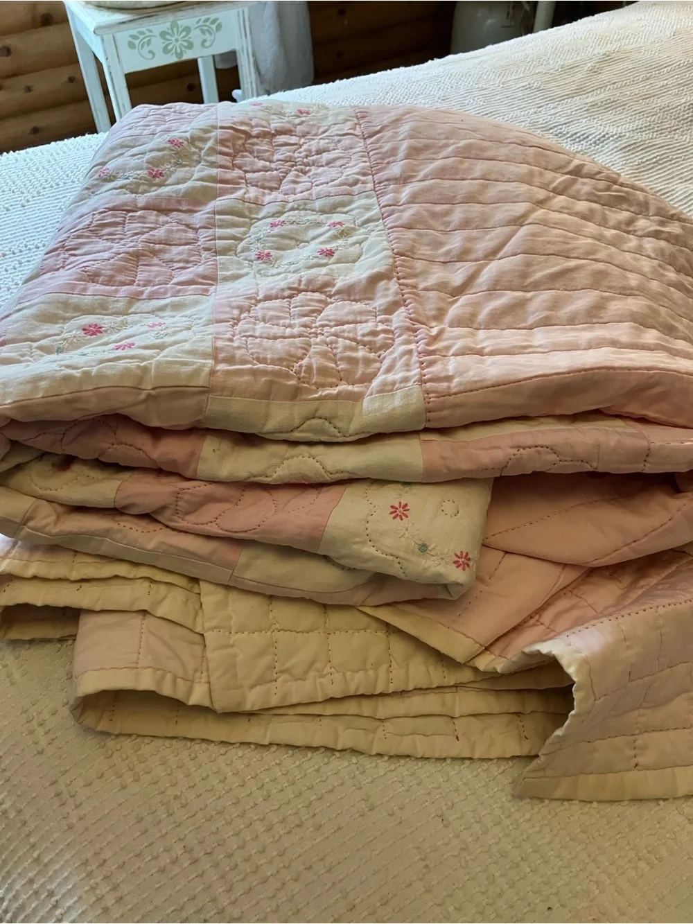 Hand sewn embroidered vintage quilt size full / queen